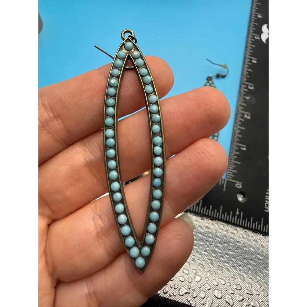 Boho Turquoise Beaded Marquise Drop Earrings Antique Bronze Finish Dangle‎